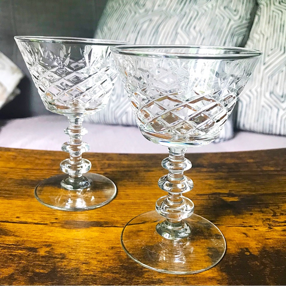 Pair of Rock Sharpe Olive & Cross Wafer Stem Cut Crystal Cordial Coupe Glasses
